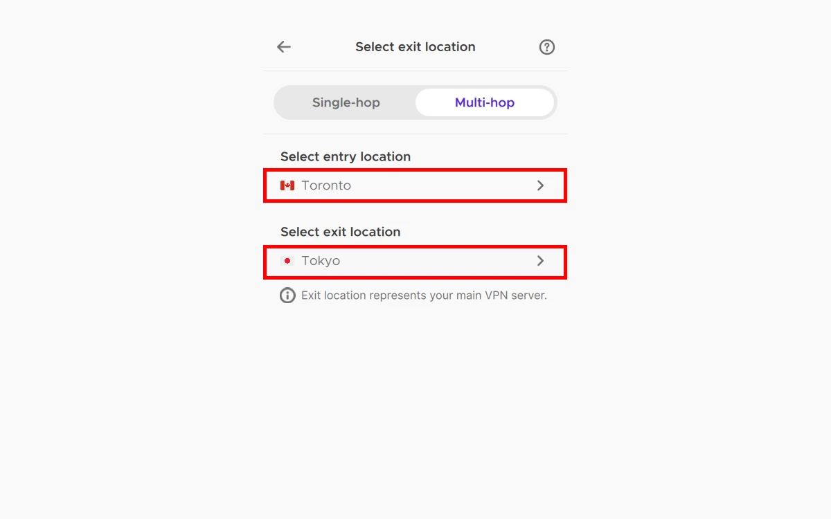 Mozilla VPN multi-hop tab with Toronto as the entry server and Tokyo as the exit server