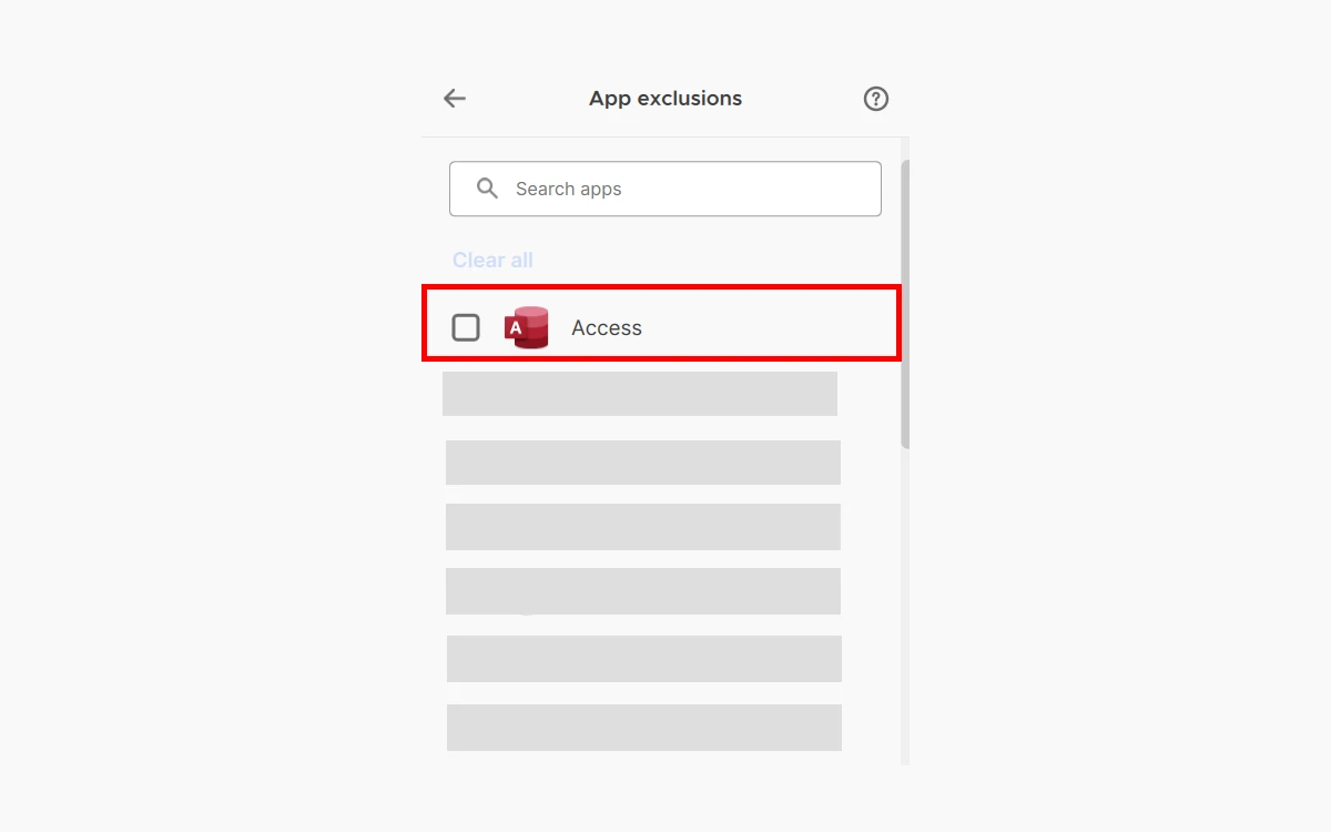 Mozilla VPN App exclusions screen with a search field and per-app checkboxes