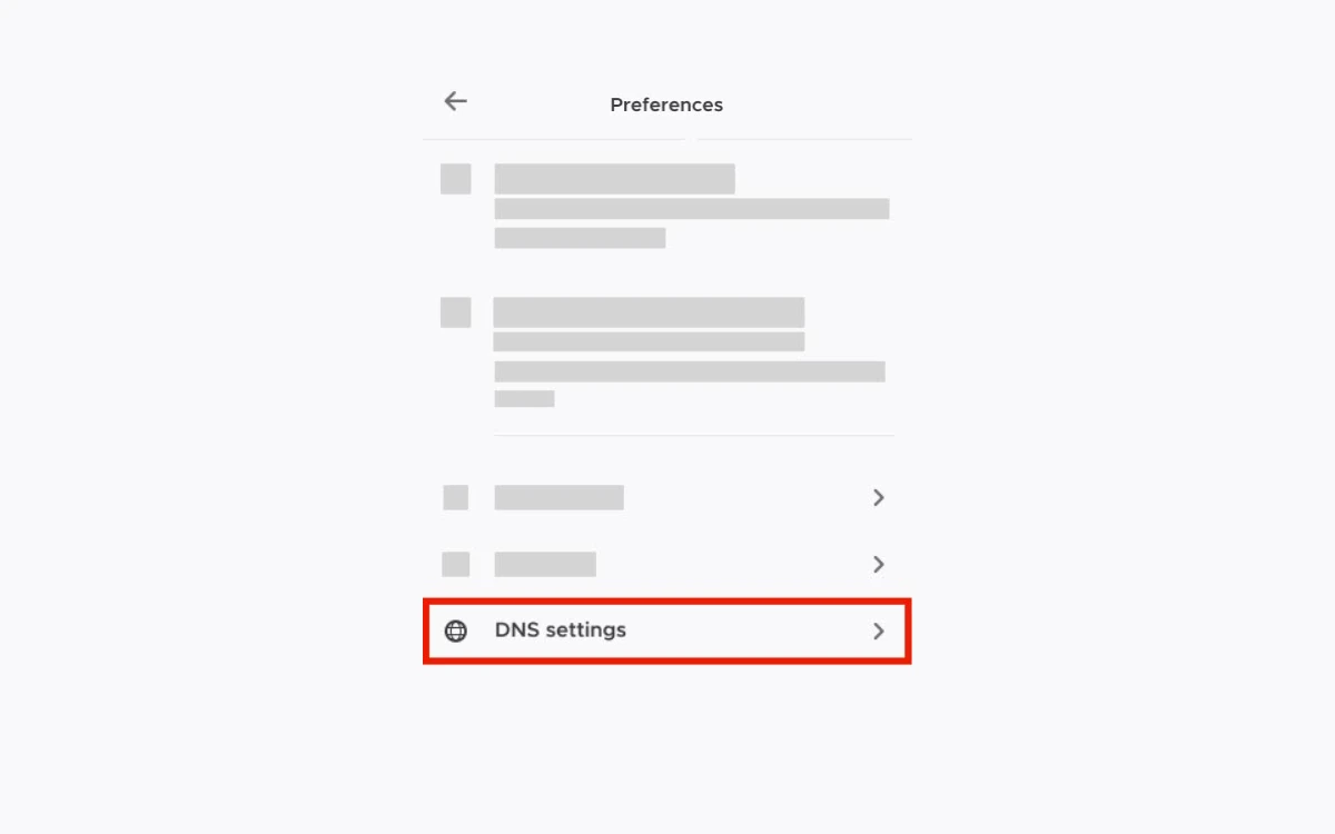 Mozilla VPN Preferences screen with the DNS settings option highlighted