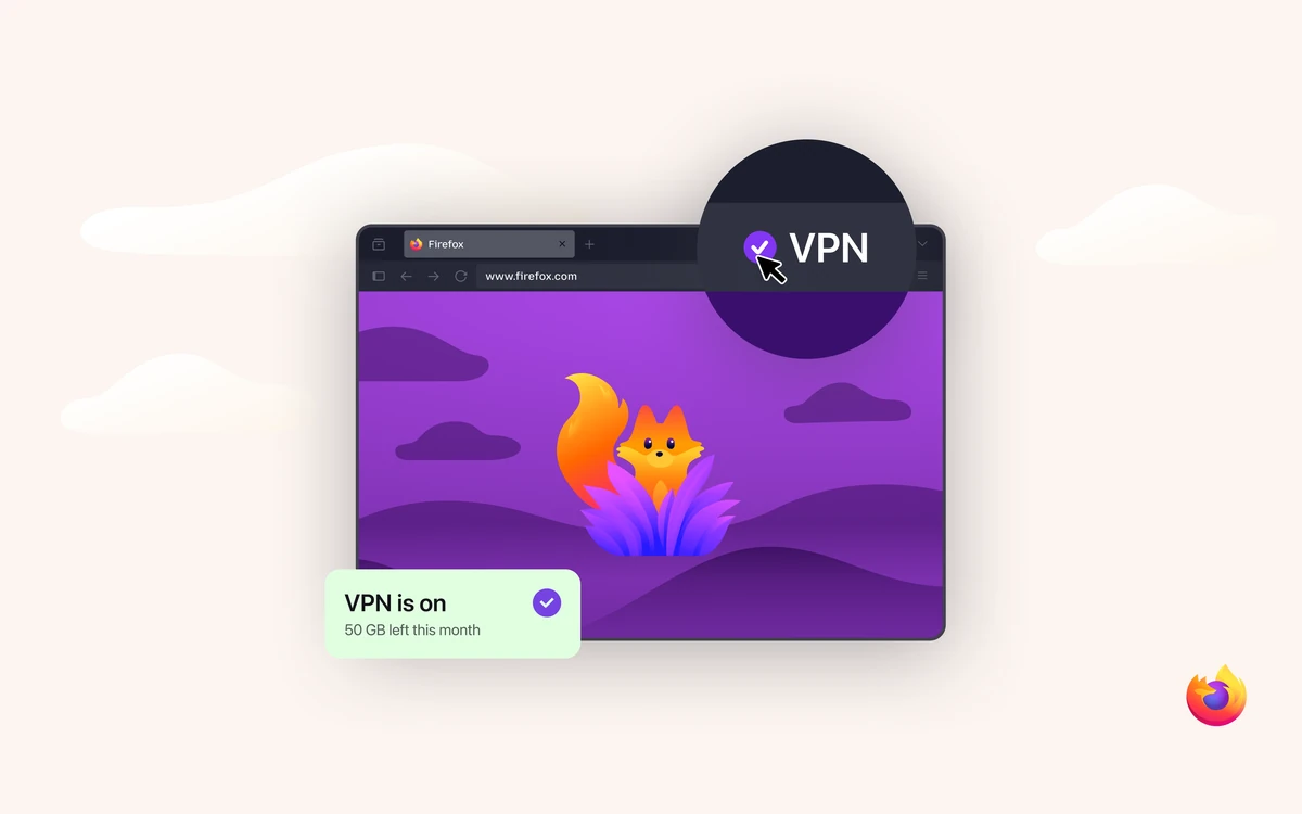Firefox browser toolbar VPN button with a card reading VPN is on, 50 GB left this month