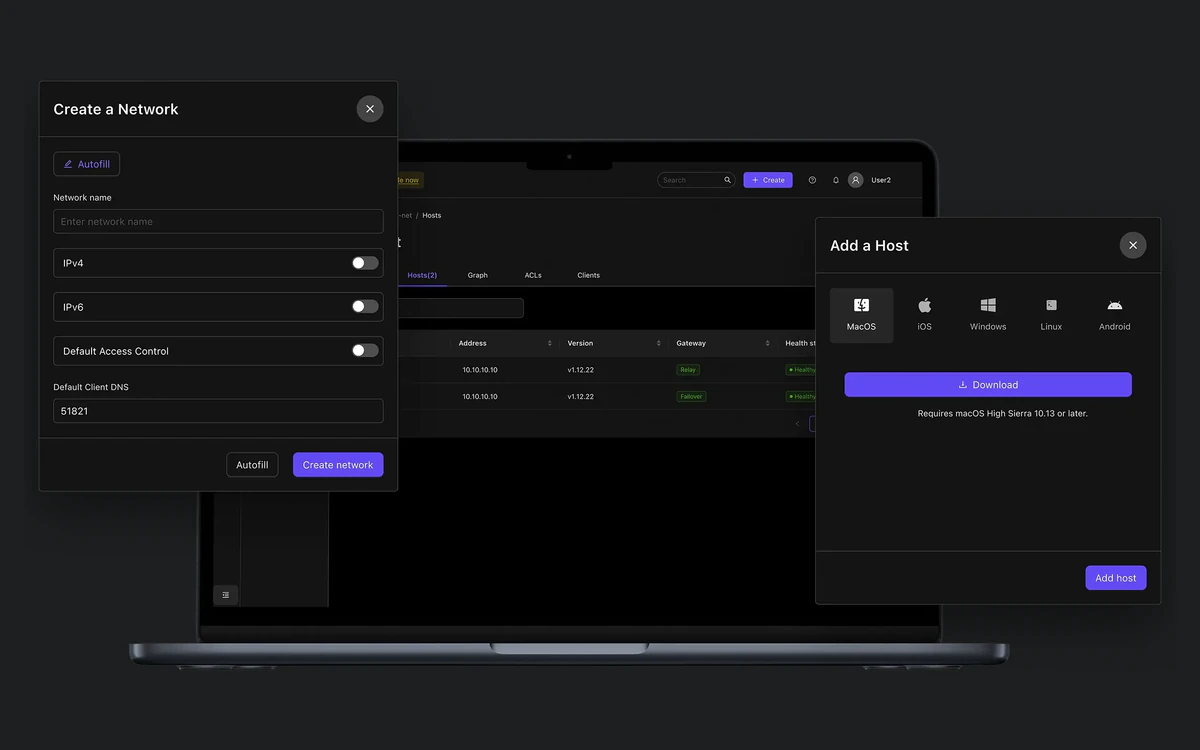 Netmaker dashboard dialogs for creating a network and adding a host on macOS, iOS, Windows, Linux or Android, with a host list showing relay and failover gateways