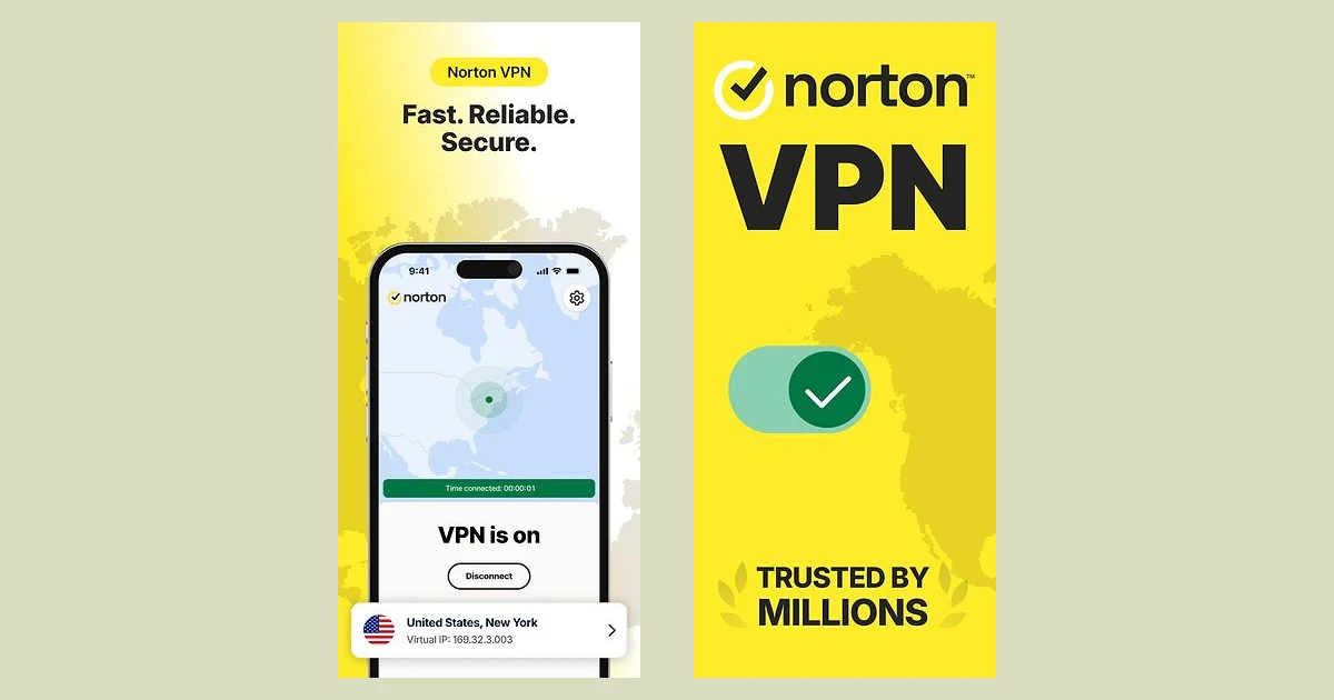 Norton VPN app connected to a US server, shown on the Norton VPN review cover