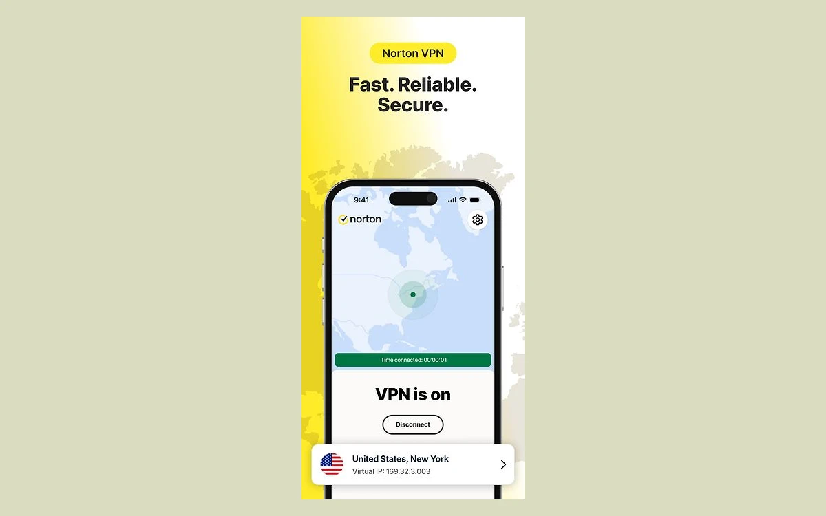 Norton VPN iOS app main screen showing VPN is on, connected to New York, United States, with a map and virtual IP address