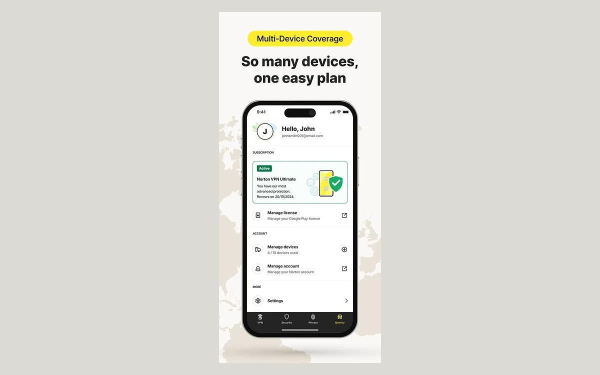 Norton VPN account screen showing an active Norton VPN Ultimate subscription and a Manage devices option