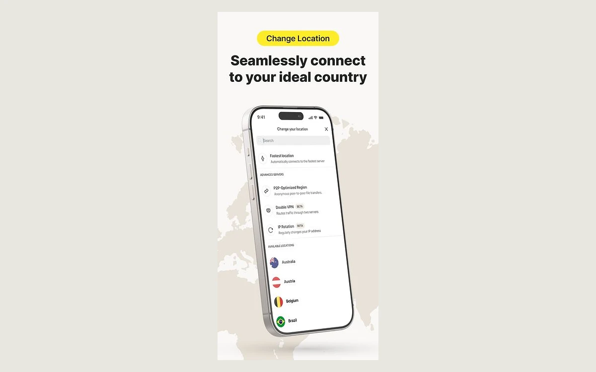 Norton VPN Change your location screen listing Fastest location, P2P-Optimized Region, Double VPN (BETA) and IP Rotation (BETA)