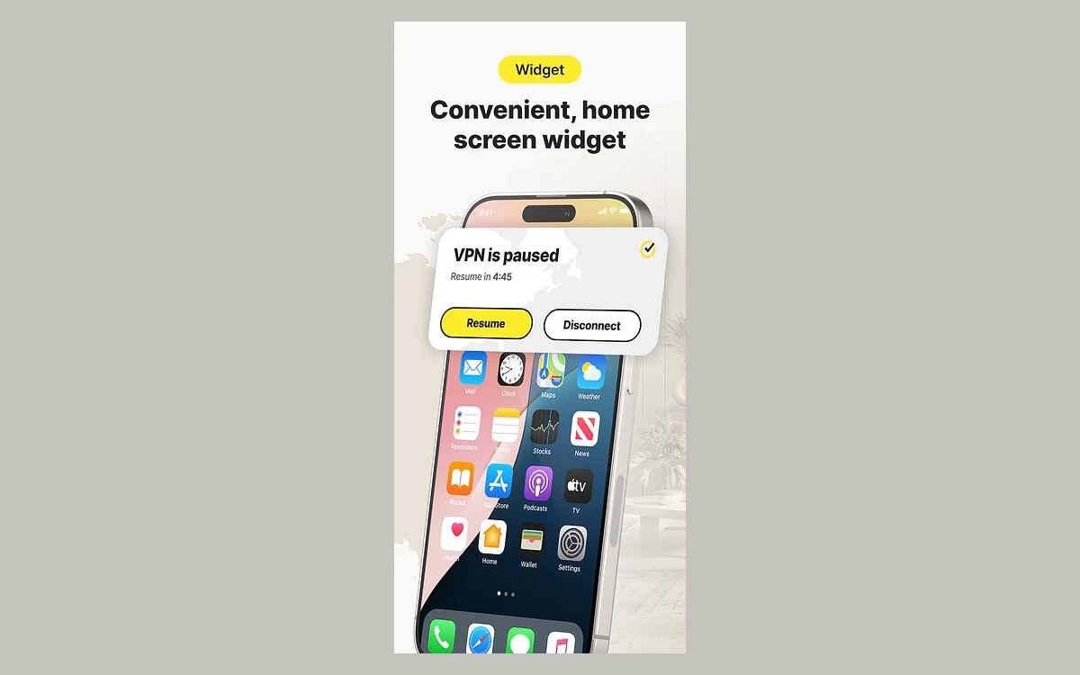 Norton VPN home screen widget showing VPN is paused with Resume and Disconnect buttons