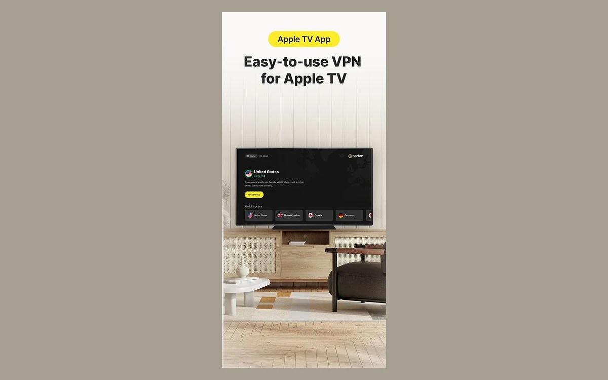 Norton VPN on Apple TV connected to the United States with a quick-access list of countries