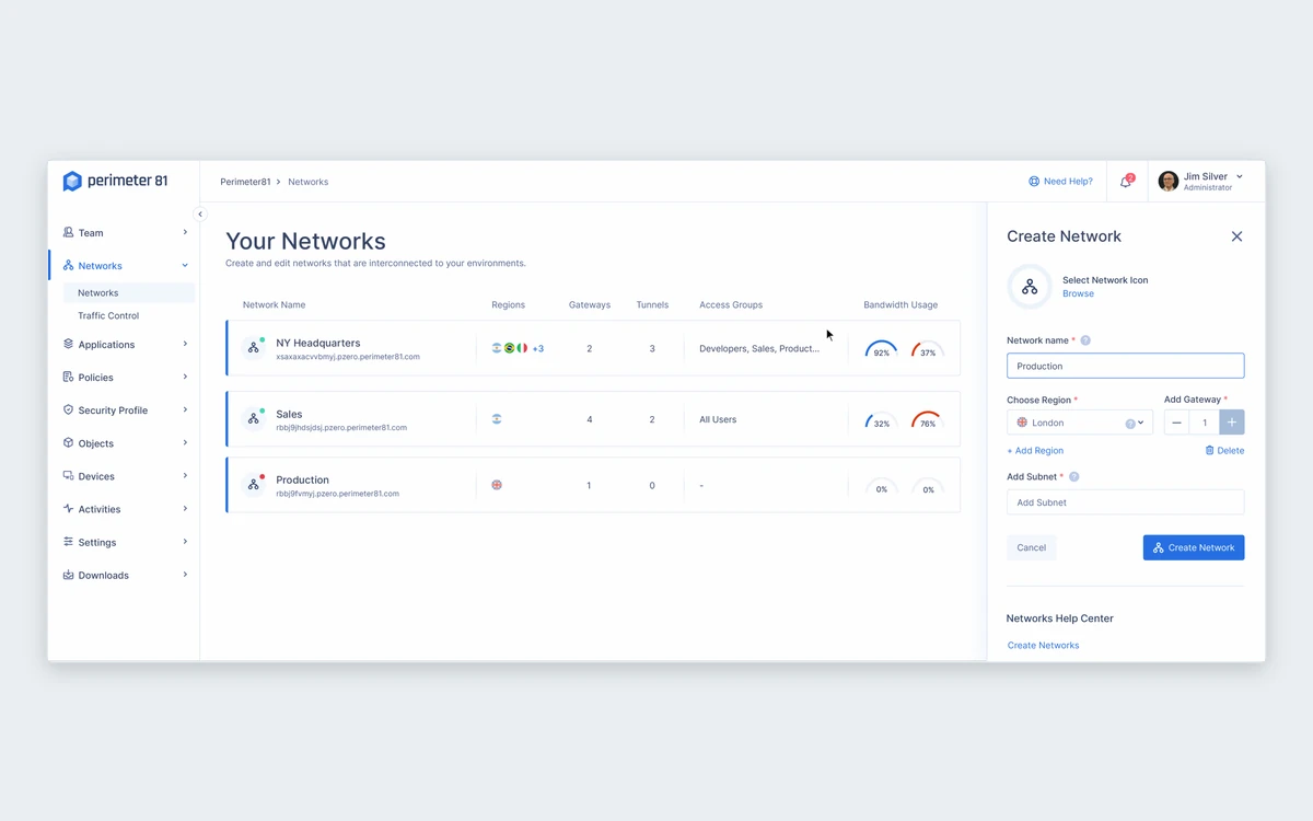 Perimeter 81 console Your Networks page listing regions, gateways, tunnels and bandwidth, with a Create Network panel