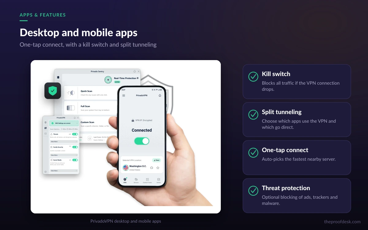 PrivadoVPN desktop and mobile apps showing the connection screen and settings