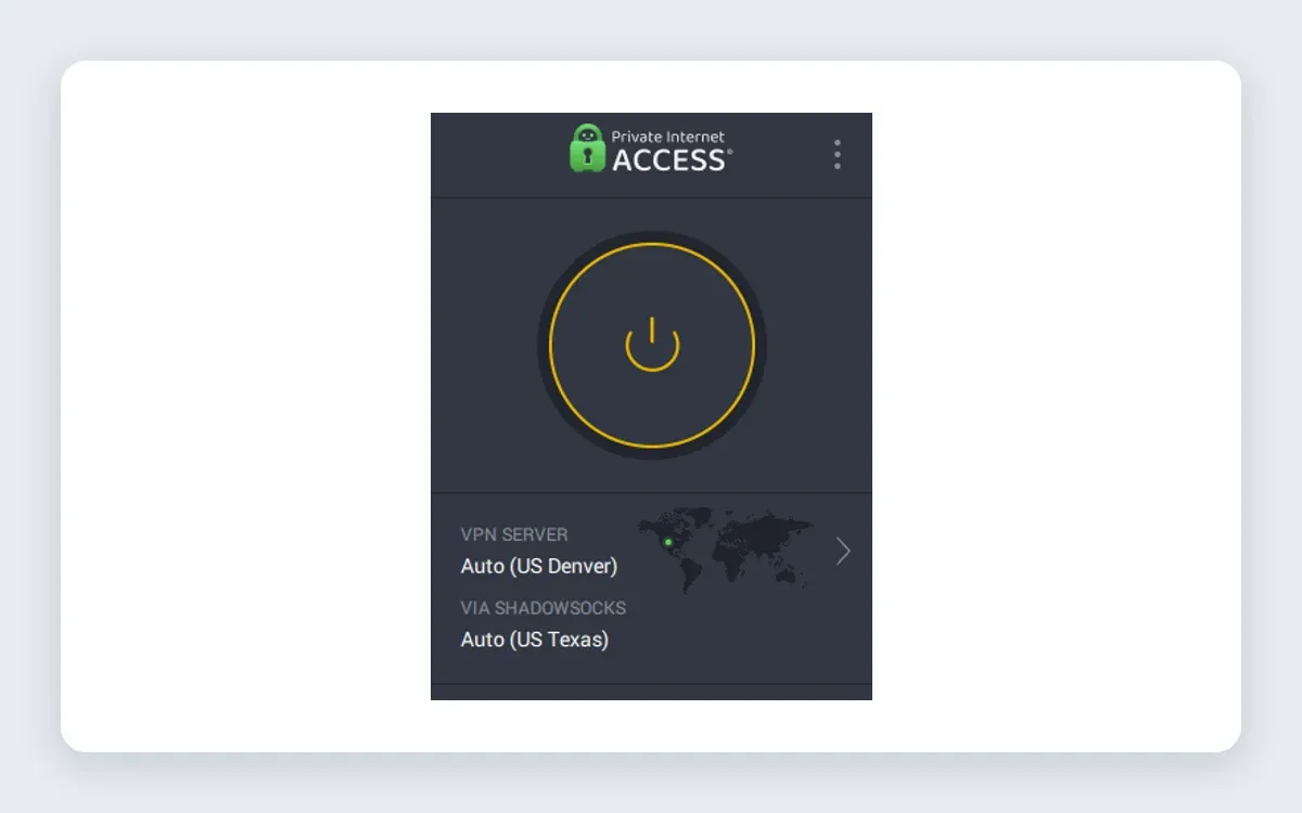 PIA Windows app main connection screen with the power button, VPN server set to Auto (US Denver) and a Shadowsocks proxy row