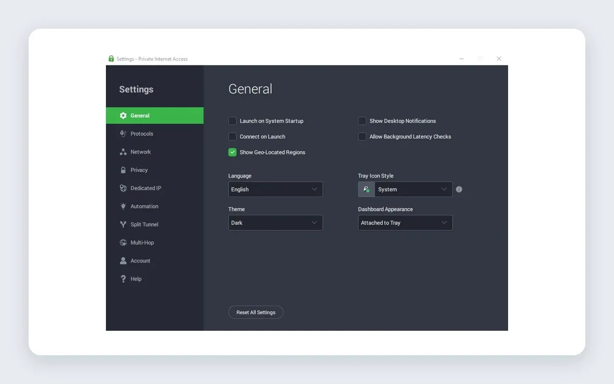 PIA Settings window showing the sidebar sections General, Protocols, Network, Privacy, Dedicated IP, Automation, Split Tunnel, Multi-Hop, Account and Help, with the General panel open