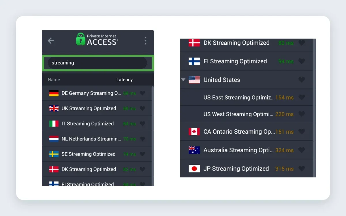 PIA server list with the word streaming typed into the search bar, showing streaming-optimized entries for Germany, UK, Italy, Netherlands, Sweden, Denmark, Finland, United States, Canada, Australia and Japan with latency figures