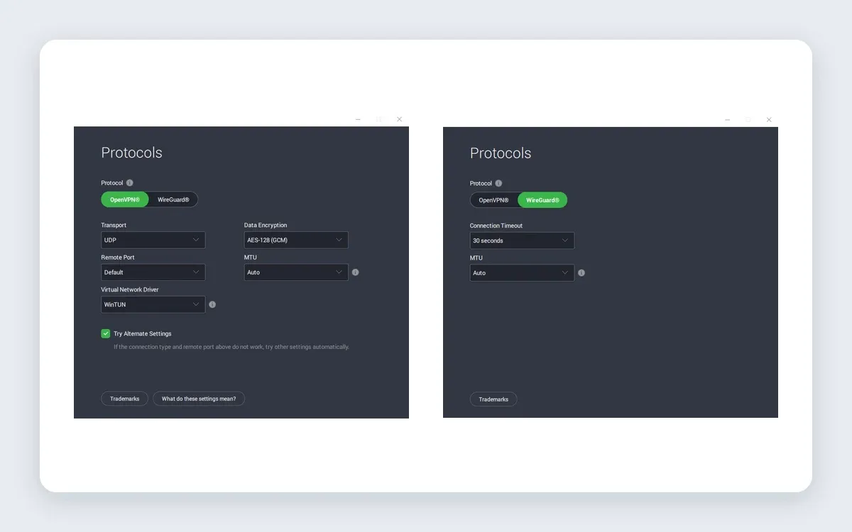 Two PIA Protocols settings panels side by side: OpenVPN with Transport, Remote Port, Data Encryption AES-128 GCM, MTU and WinTUN driver options, and WireGuard with Connection Timeout and MTU options