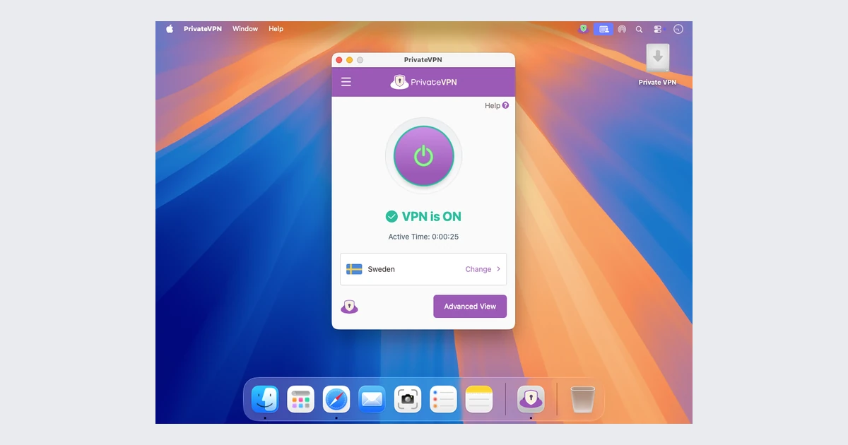 PrivateVPN macOS app connected to a server in Sweden