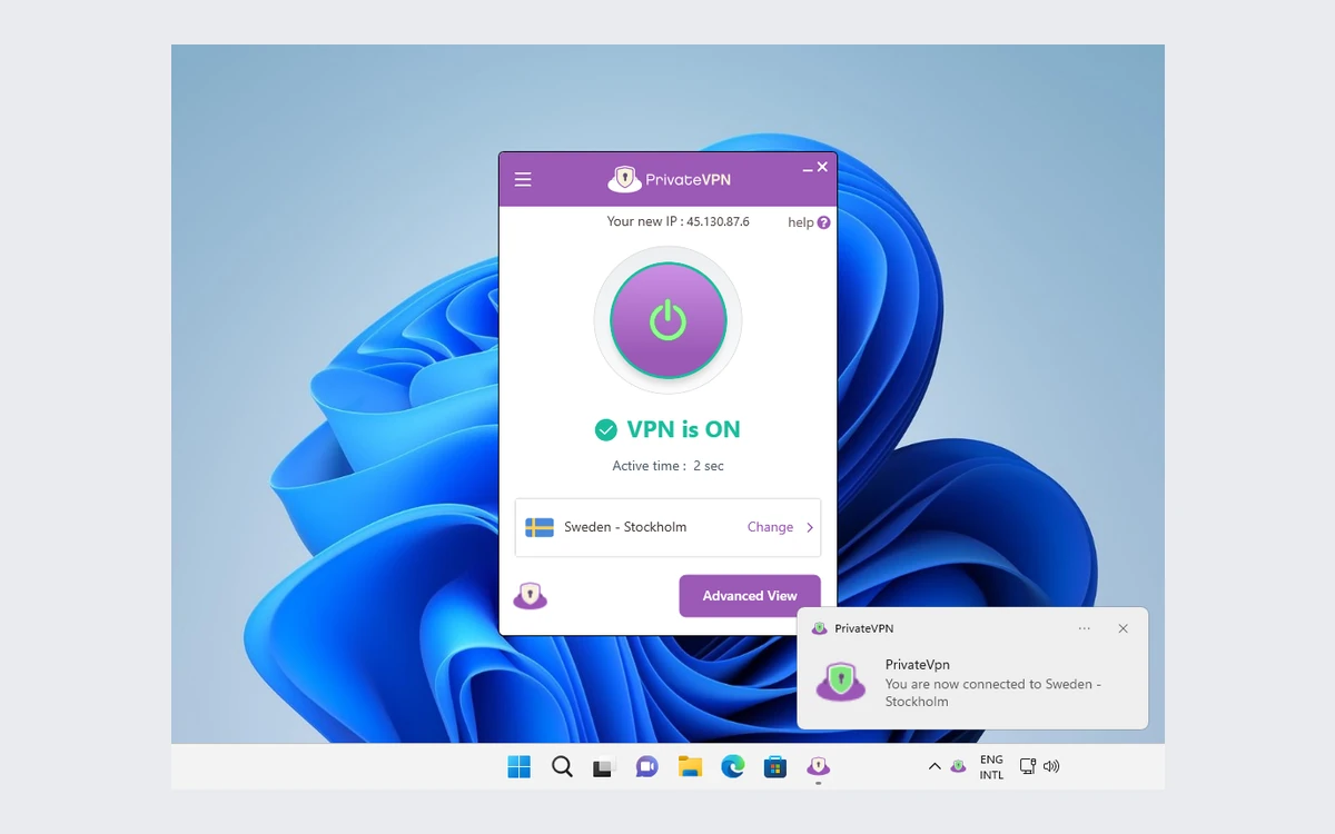 PrivateVPN Windows app connected to a VPN server