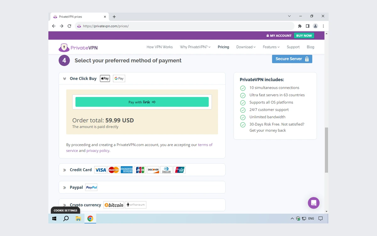 PrivateVPN checkout step for choosing a payment method
