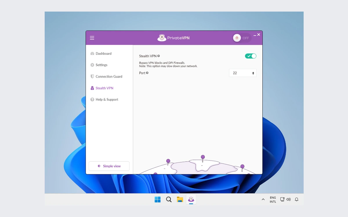 PrivateVPN Windows app with the Stealth VPN toggle switched on