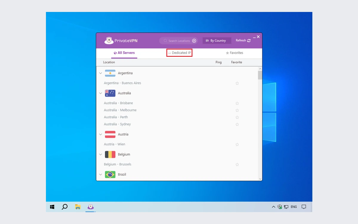 PrivateVPN desktop app server list showing the Dedicated IP tab
