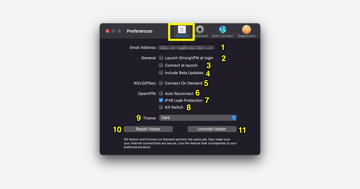 StrongVPN macOS app Preferences, General tab, with Kill Switch and Connect On Demand options