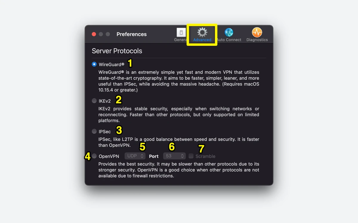 StrongVPN macOS app Advanced settings panel with the VPN protocol selector