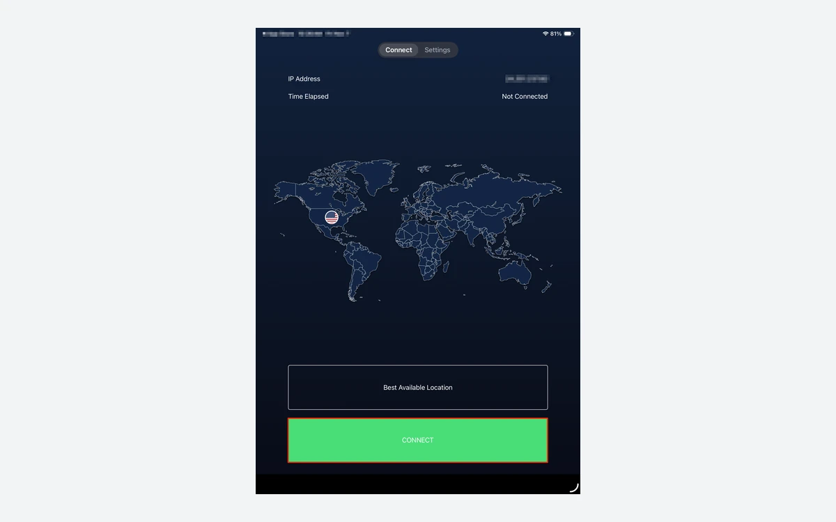 StrongVPN iOS app connect screen with a server location and a connect button