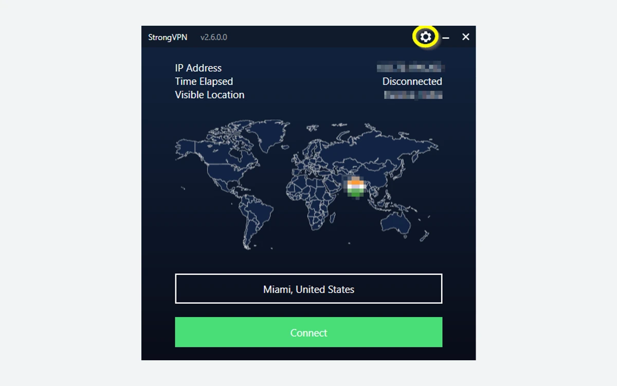 StrongVPN Windows app v2.6 main screen with a world map, a Miami server and the Settings gear highlighted