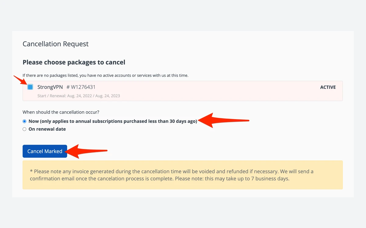 StrongVPN Customer Area cancel form with the package list and the Now and On renewal options