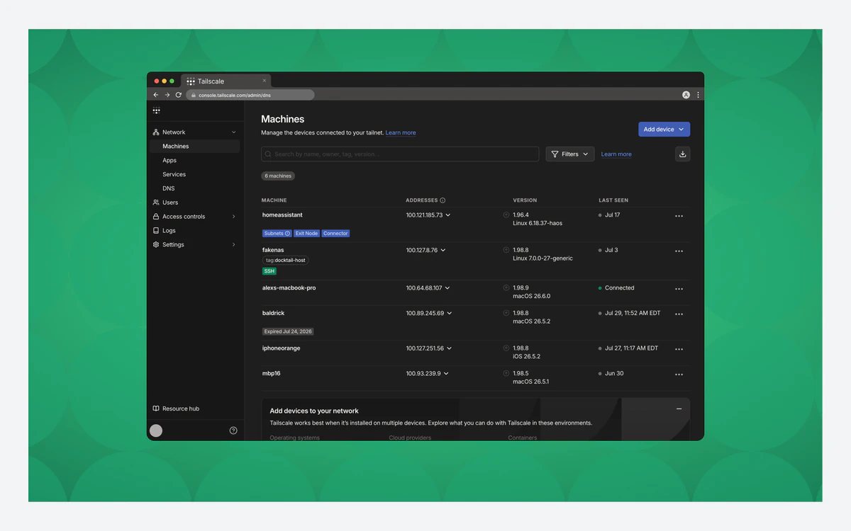 Tailscale admin console Machines page listing the devices in a tailnet with their addresses and status