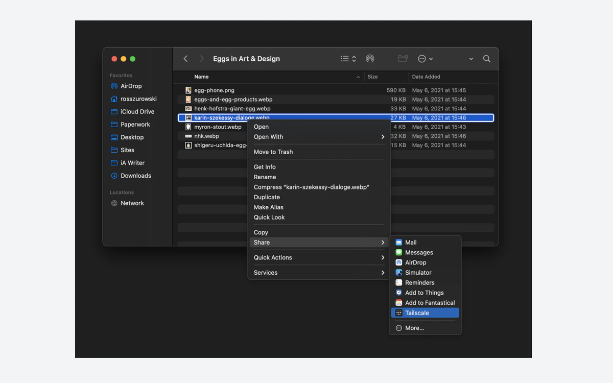 macOS Finder Share menu with Tailscale selected as the destination for sending a file