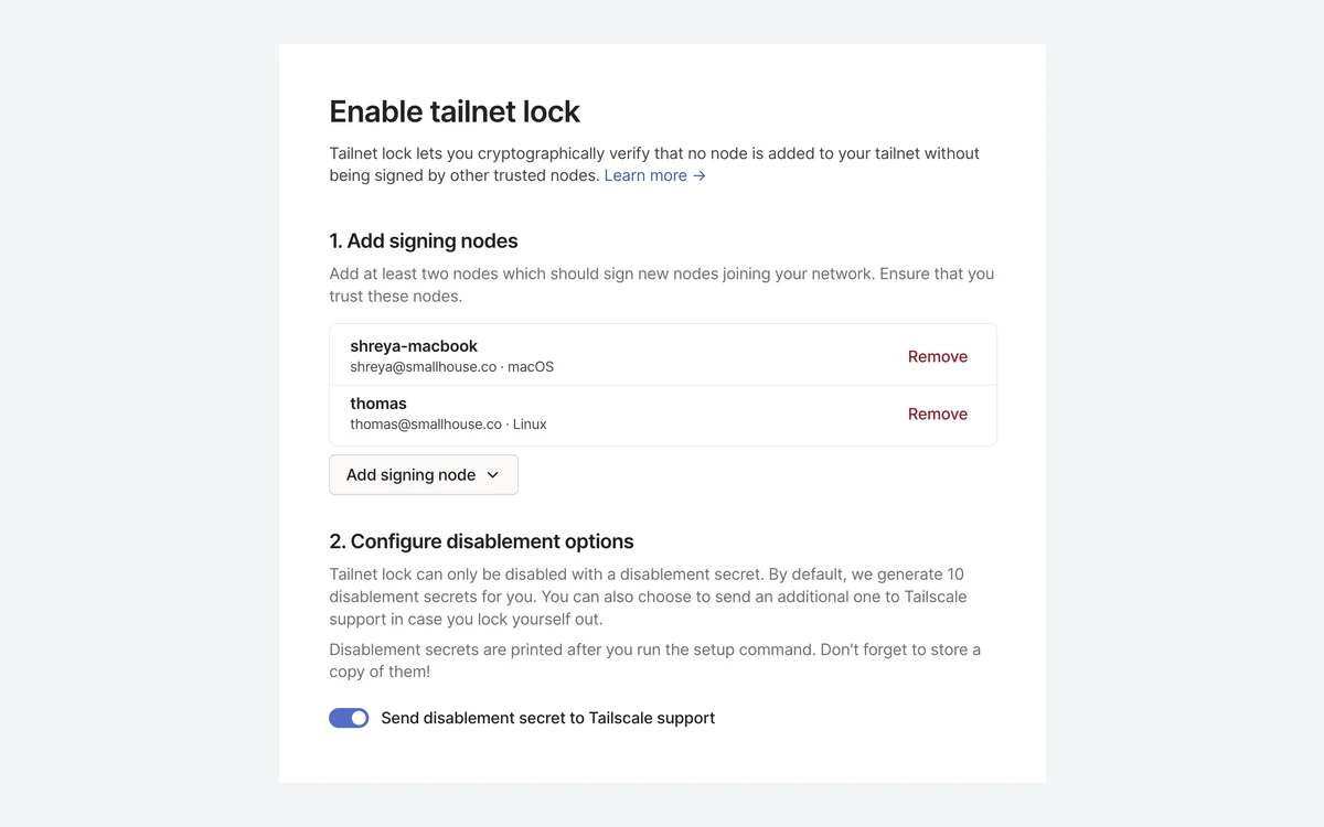 Tailscale admin console screen for enabling Tailnet Lock with trusted signing node keys