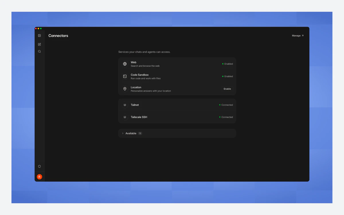 Aperture by Tailscale Connectors panel with Web and Code Sandbox enabled and Tailnet and Tailscale SSH connected
