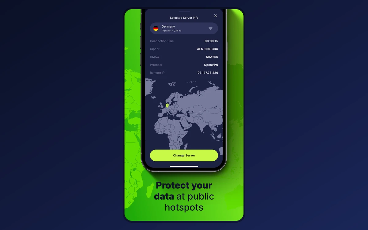 TorGuard iOS app server info screen for Frankfurt, Germany showing AES-256-CBC, SHA256 and OpenVPN