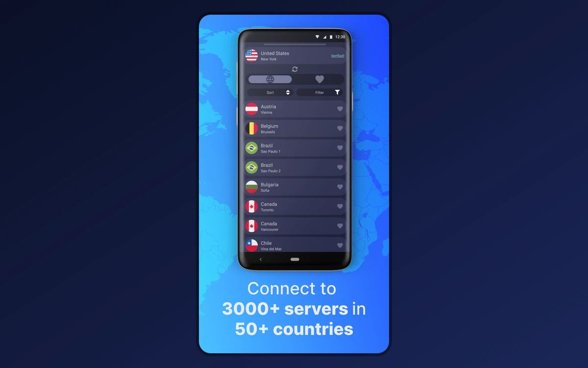 TorGuard Android app server list with sort and filter options
