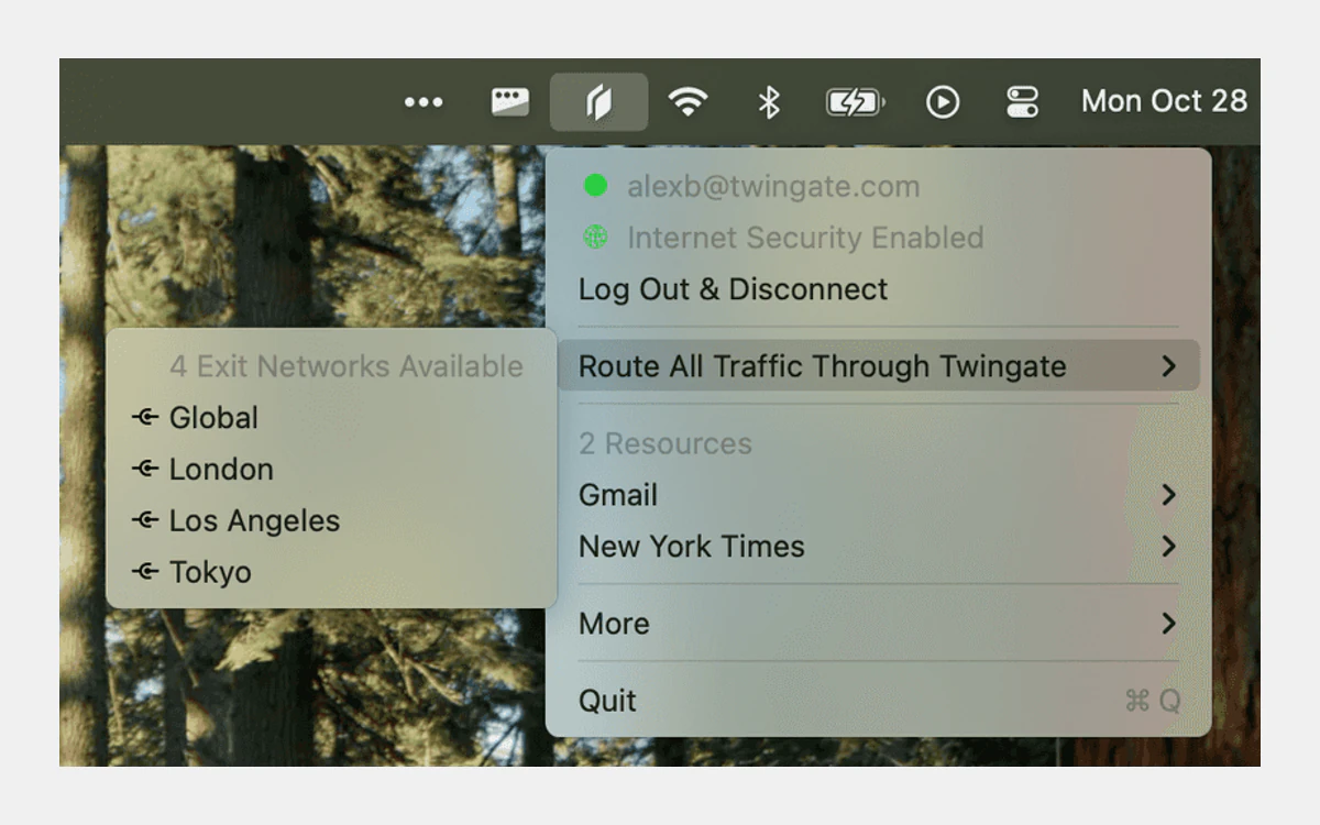 Twingate macOS client menu showing the Route All Traffic Through Twingate option, four Exit Networks and Internet Security Enabled