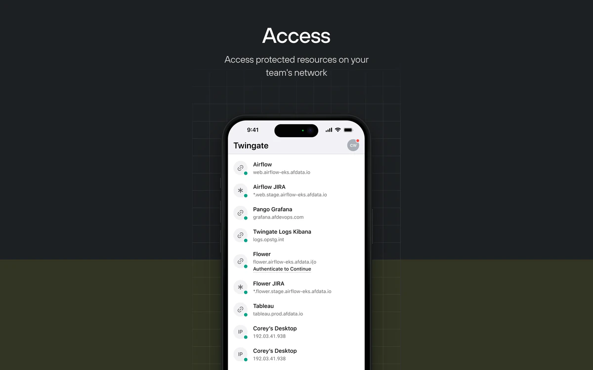 Twingate App Store artwork headed Access, showing the iPhone app listing internal Resources such as Airflow, Grafana and Tableau