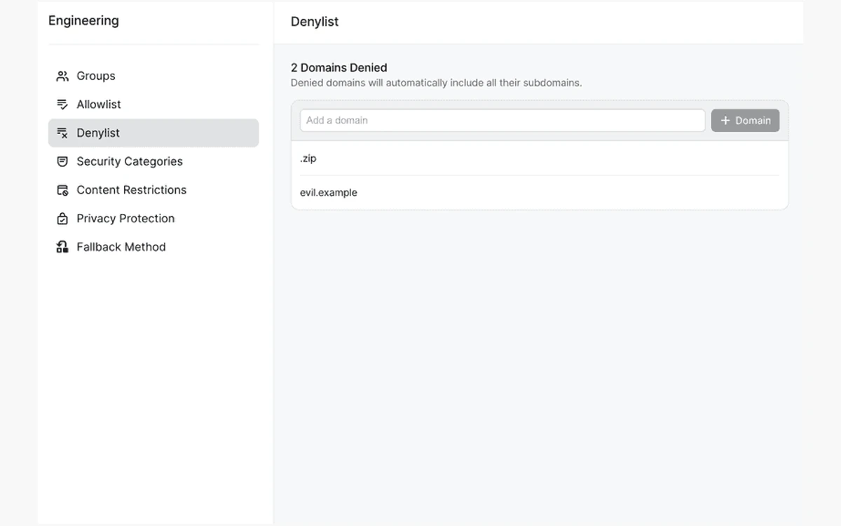 Twingate Admin Console DNS filtering profile with a denylist of two blocked domains