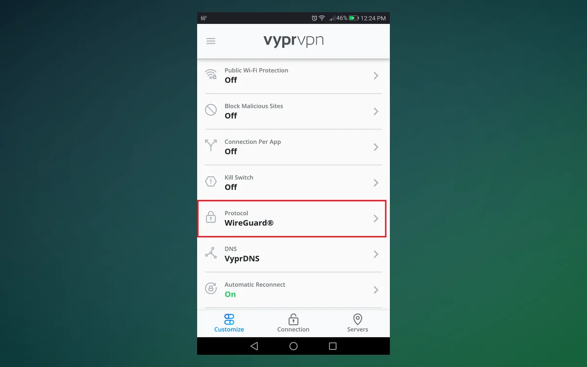 VyprVPN Android app protocol picker listing the available VPN protocols