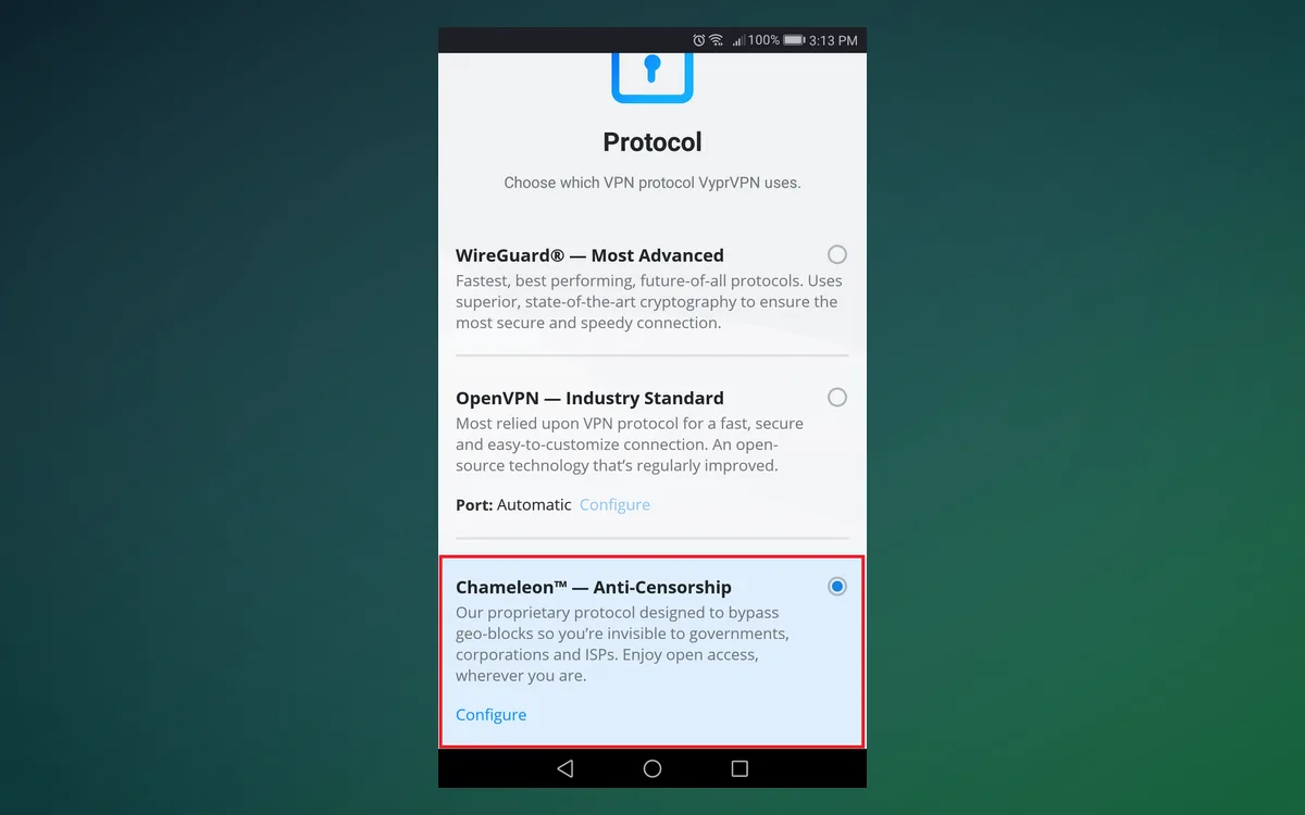 VyprVPN Android app confirming the Chameleon protocol is enabled