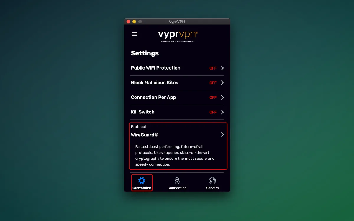VyprVPN macOS app settings screen showing the protocol options