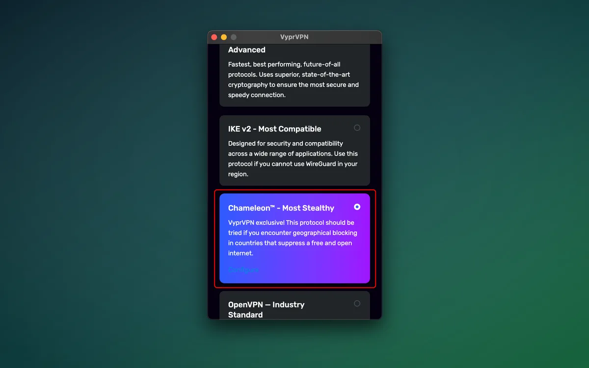 VyprVPN macOS app Chameleon setup screen