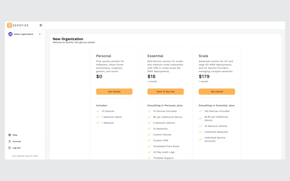ZeroTier Central plan picker showing Personal at $0, Essential at $18 per month with a Start 14 day trial button, and Scale at $179 per month