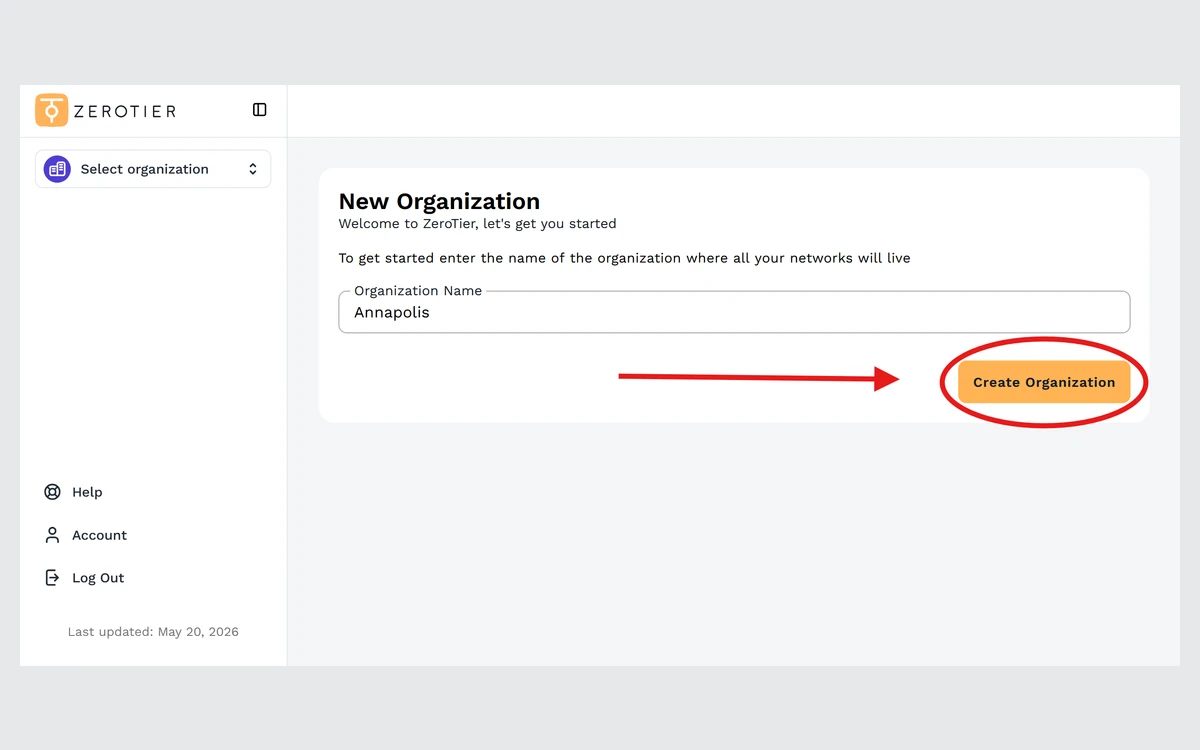 ZeroTier New Central Create Organization screen