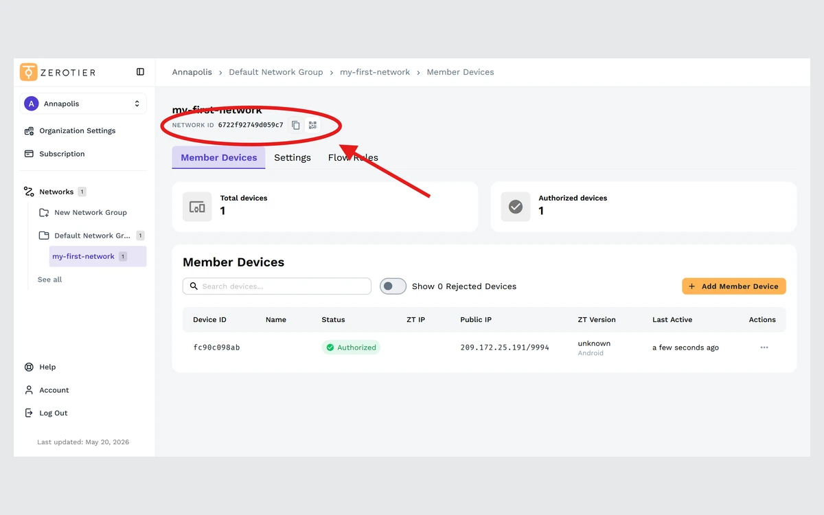 ZeroTier New Central network page for my-first-network with the Member Devices tab open and the Network ID circled