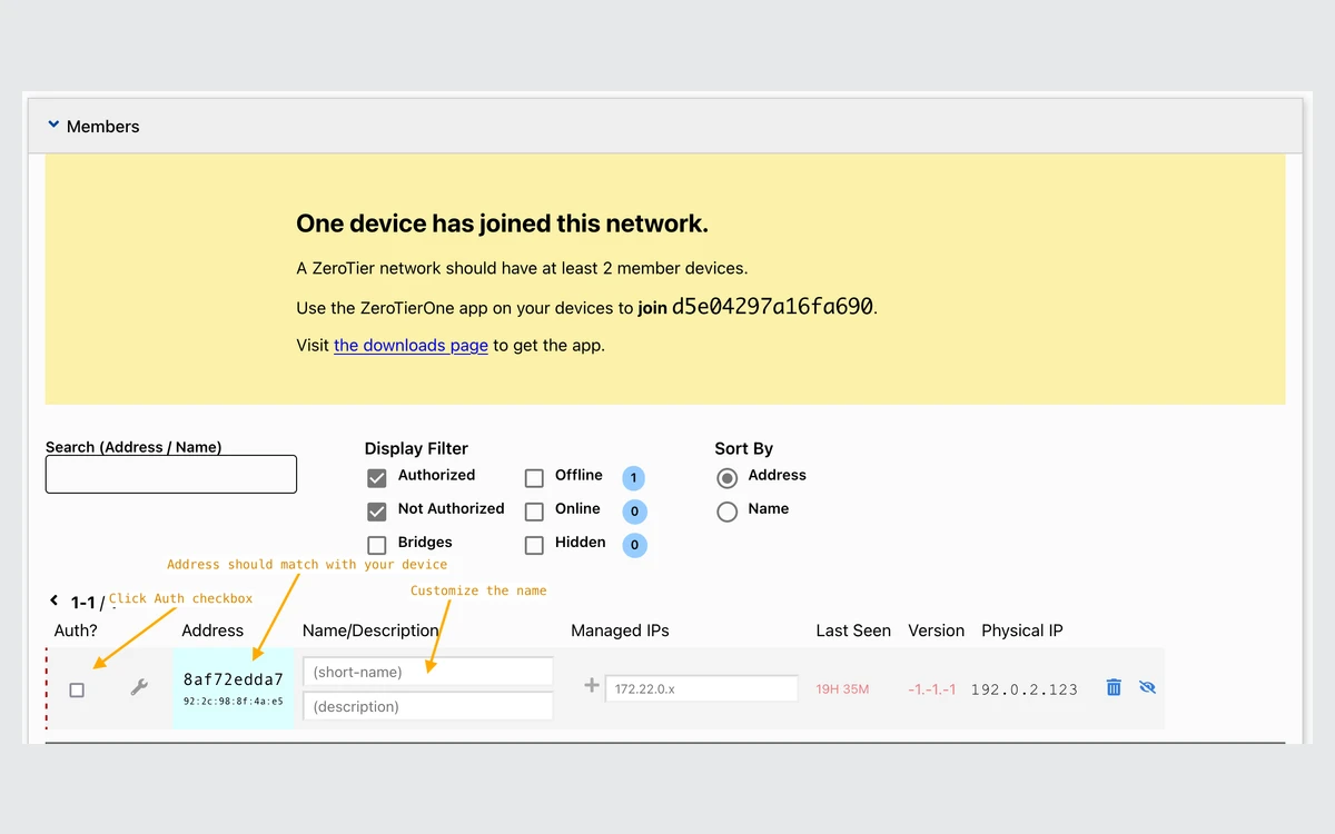 Legacy ZeroTier Central members list with Auth checkboxes next to each device